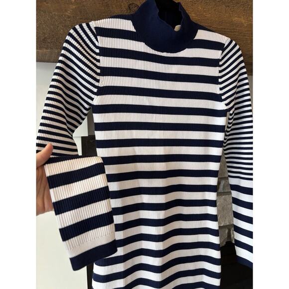 Michael Kors Midi Dress Small Nautical Mock Neck Navy White Vacation Coastal - Picture 2 of 10
